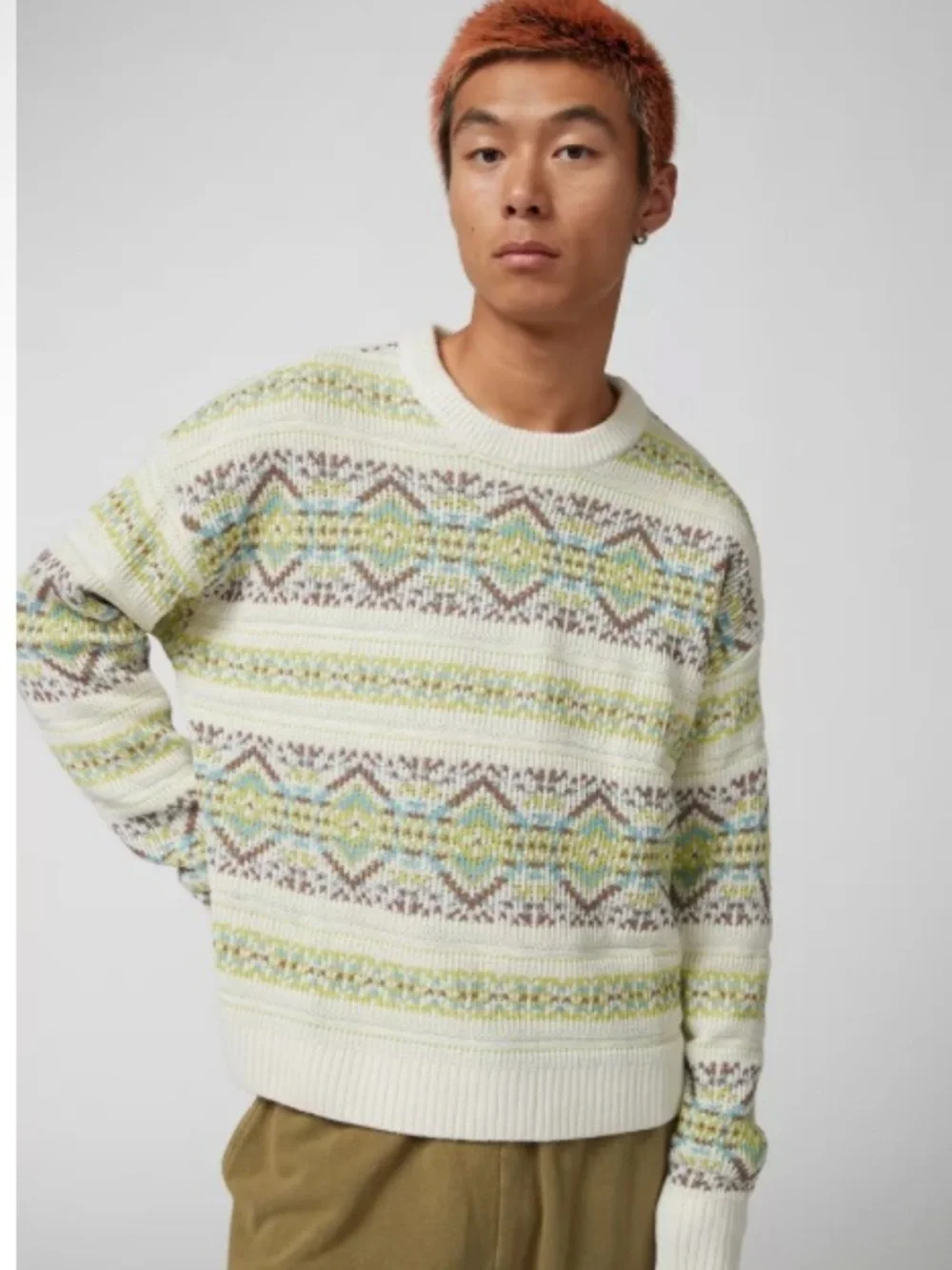 New! Urban Outfitters Men's Fair Isle Patterned Knit Sweater Cream